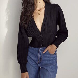 Aritzia • Wilfred Plunge Front Wool Cotton Cropped Rib Knit Black Cardigan • M